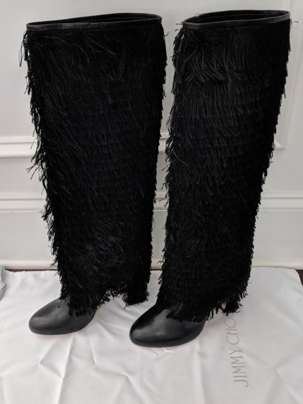 JIMMY CHOO Magalie Black Leather Fringe Knee Boots Size 38